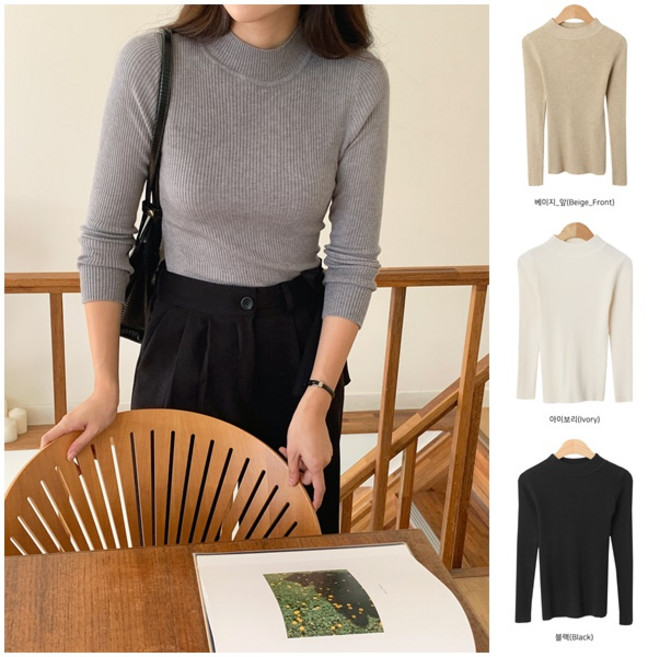 1+1 여성 반목폴라티 얇은목폴라 여자흰티 반폴라 골지 목티 텐셀 니트티 (+하나 덤)