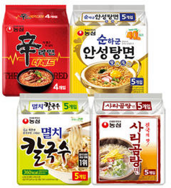 농심 신라면 더레드 125g 4입 1개 + 안성탕면 125g+사리곰탕면 110g+멸치칼국수 98g 각 5개 (총 19개), 농심 신라면 더레드 125g, 4입, 1개 + 안성탕면