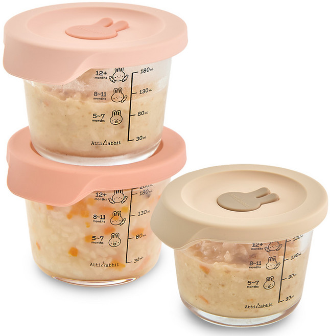 아띠래빗 원형 유리 밀폐 이유식 용기 3종 세트, 230ml, 푸딩베이지 + 아띠핑크 + 아띠로즈, 1세트