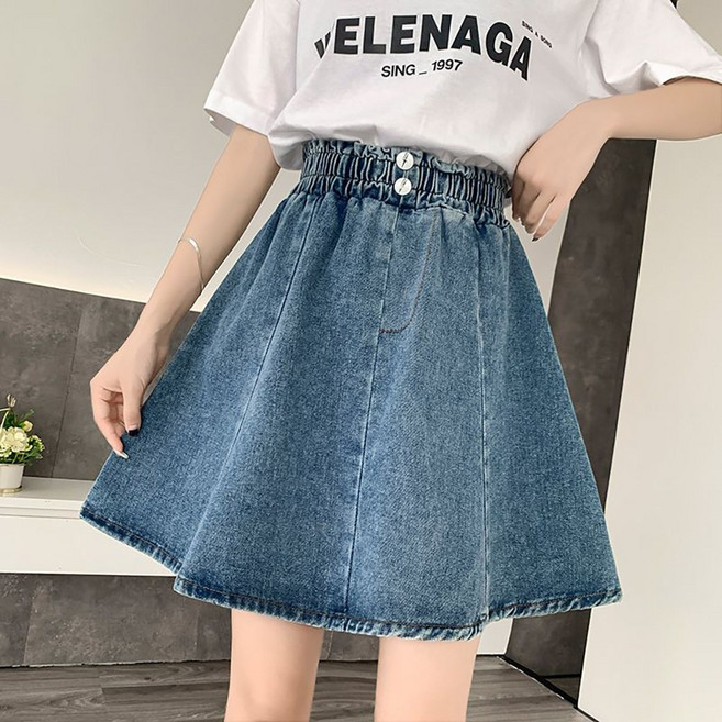 MOSAIRATION 여성 빅사이즈 A라인 데님 스커트 하이웨스트 짧은 치마 넉넉핏 캐주얼 밴딩 스커트 I033105