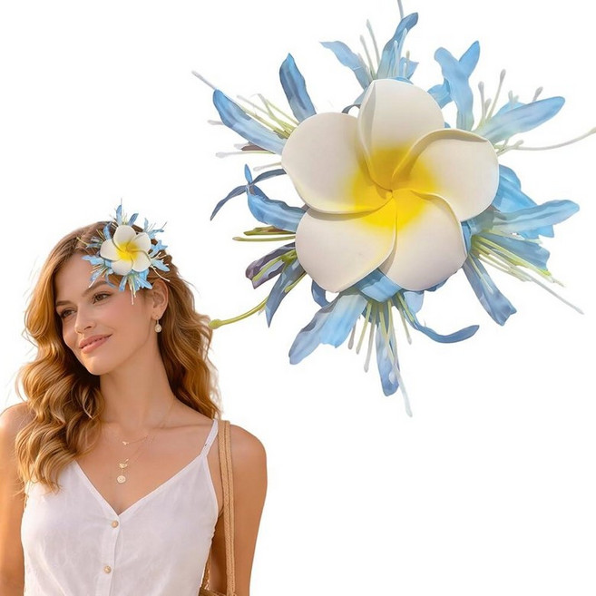 Flower Hair Clips Hawaii Hair Accessories for Women White Plumeria Hair Clip Summer Beach Claw Cli, Light Blue
