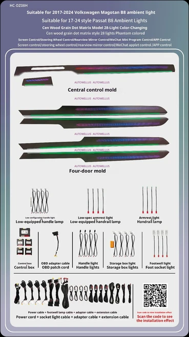 폭스바겐 호환 VW 파사트 B8 아테온 바리안트 차량용 LED 앰비언트 라이트 실내 조명 업그레이드 액세서리, 02 custom set 2, 08 custom year 2017