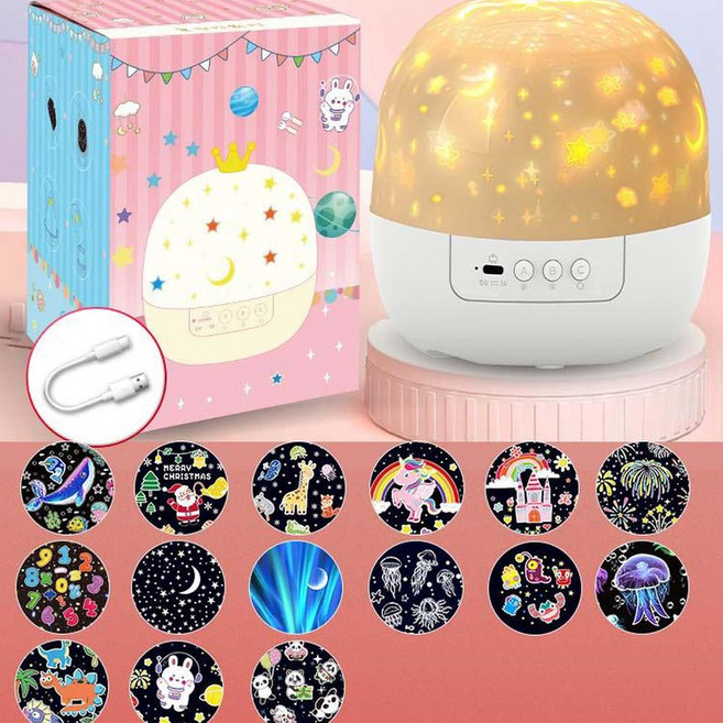 夢幻星空投影燈音樂盒旋轉小夜燈, 皇冠投影燈 插電使用旋轉 15套圖案