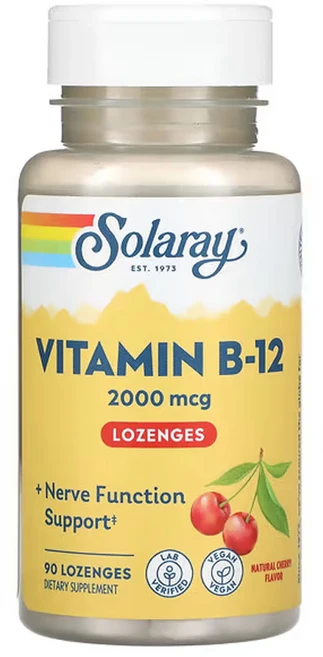 Solaray 비타민 B12 시아노코발라민 2000mcg 체리 맛 90로젠지정, 1팩, 90정 - 쿠팡