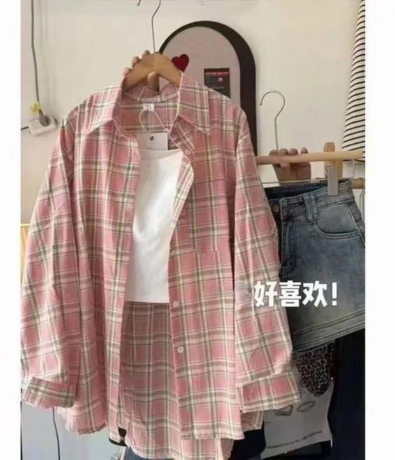 good 藍色格子襯衫女春夏寬鬆長袖襯衣上衣外套