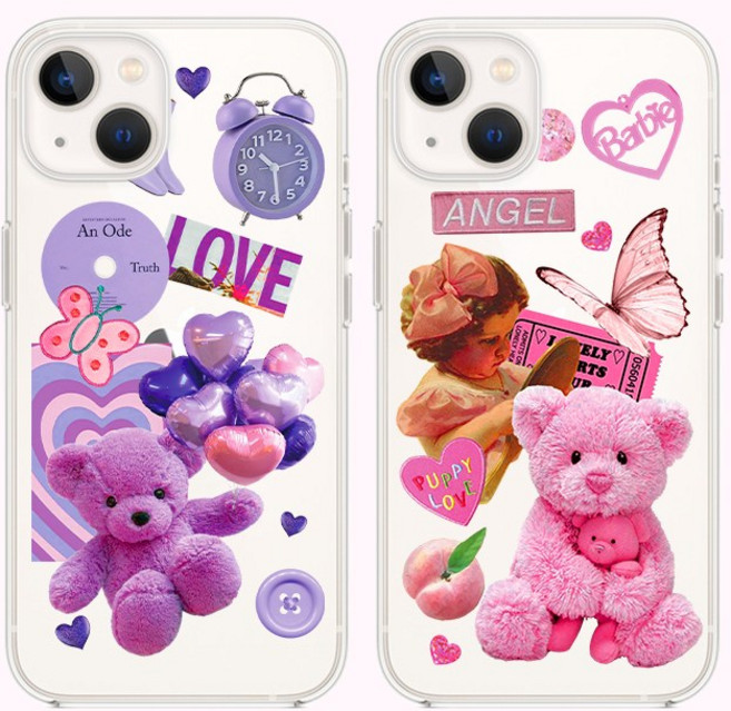 블링블링케이스 컬러풀베어 키치 콜라주 핑크 바이올렛 디자인 프린팅 투명 젤리 TPU 케이스