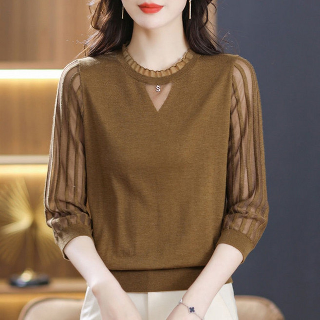 ROYALBELLE 여성 라운드넥 디자인 단색 블라우스 7부소매 데일리 세련된 쉬폰 패치 티셔츠 V122546