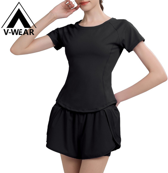 V-WEAR 運動套裝 健身速乾兩件套 瑜伽晨跑網球休閒輕薄上衣短褲