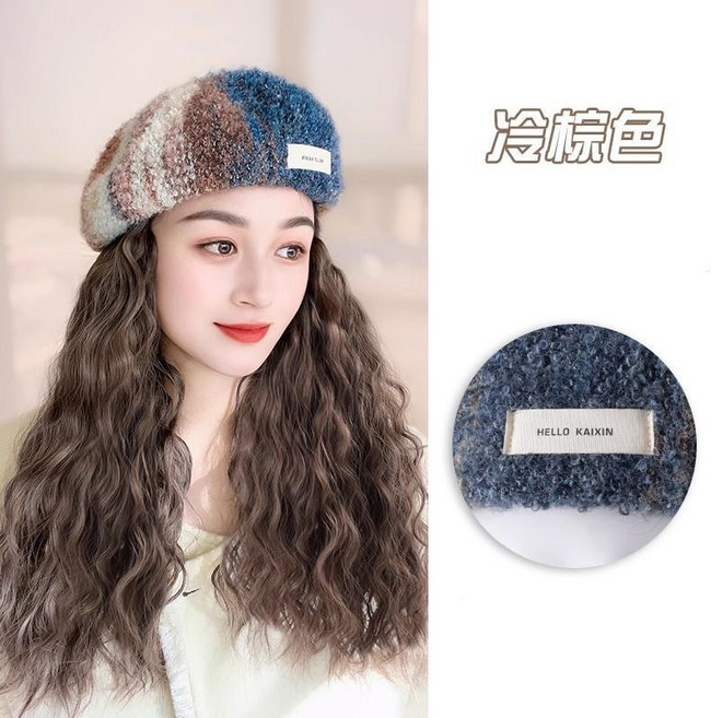 假髮帽 女生一體假髮 化療帽 貝雷帽+冷棕色髮絲, 33.貝雷帽+冷棕色髮絲, 1個