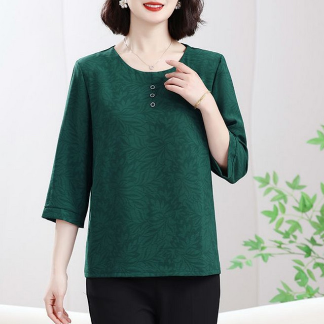 Makone 여성 라운드넥 중년 여성복 엄마옷 7부 소매 티셔츠 자카드 솔리드 패션 심플 이너티 빅사이즈 데일리룩