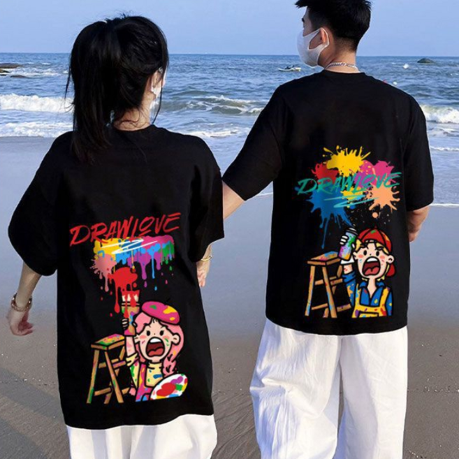1+1 남성 여성 낙서 프린트 오버핏 커플반팔 라운드티 빅사이즈 여름