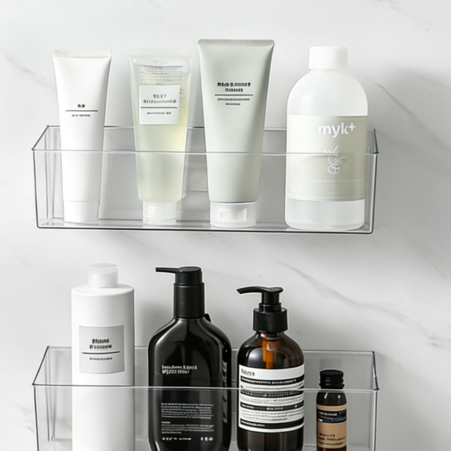 혼반홈 무타공 아크릴 벽선반 벽걸이 선반 아트월 진열대 욕실 화장품 주방 다용도 수납 선반, 1단, 투명