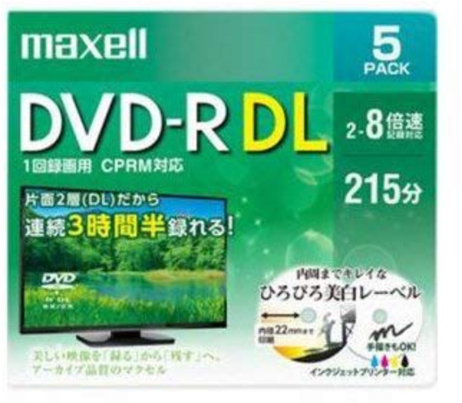 maxell 녹화용 DVD-R DL 표준 215분 8배속 CPRM 프린터블 화이트 5장 팩 DRD215WPE.5S