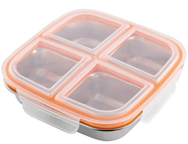 나인나 정사각 304 스테인리스 칸막이 밀페 도시락 스텐 나눔 반찬통, 1개, 화이트4칸