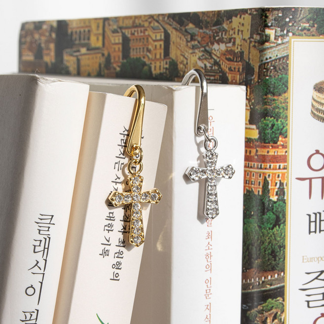 유니공작소 금속 큐빅 십자가 책갈피 북마크 2개세트, 2개, 실버