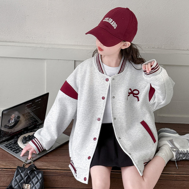 비비키드 여아 봄 가을 초중생 상의 외투 주니어 긴팔티 상의 자켓 초등생 봄자켓 리본패치 야구점퍼 (2505)