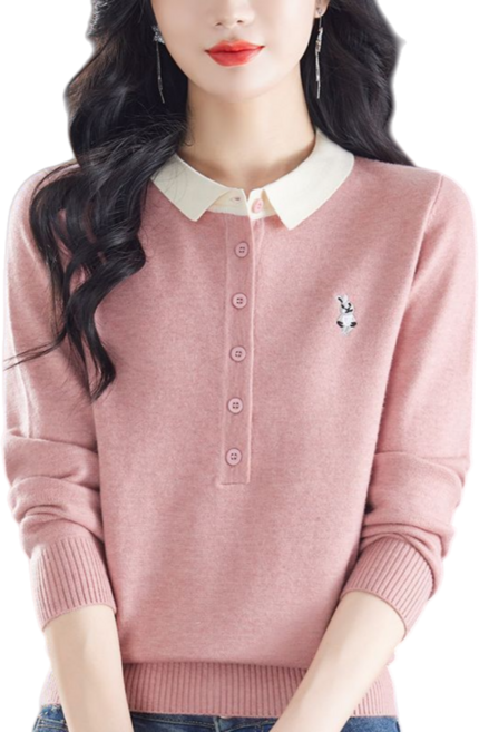 Makone 여성 카라 긴팔 단추 포인트 니트 티 셔츠