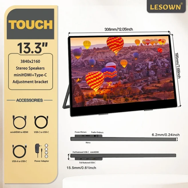 LESOWN 13.3 인치 4K 휴대용 모니터 UHD 3840x2160 IPS LCD 스크린 XBox 스위치 PC 노트북 VESA 확장 디스, 01 4k touch, 02 EU 플러그
