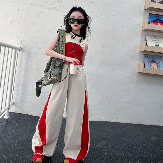 Toruva어린이 스포츠 스타일 컬러 배색 민소매 점프수트 패션 세트14세 이상