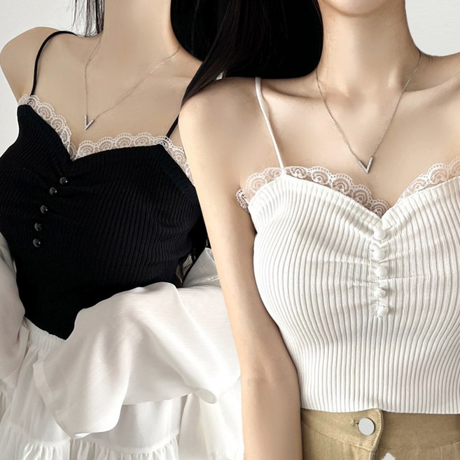 어나더뷰 1886 [1+1] 펄 셔링 레이스 나시 슬림핏 이너 골지 민소매 레이어드 뷔스티에 끈나시 슬리브리스