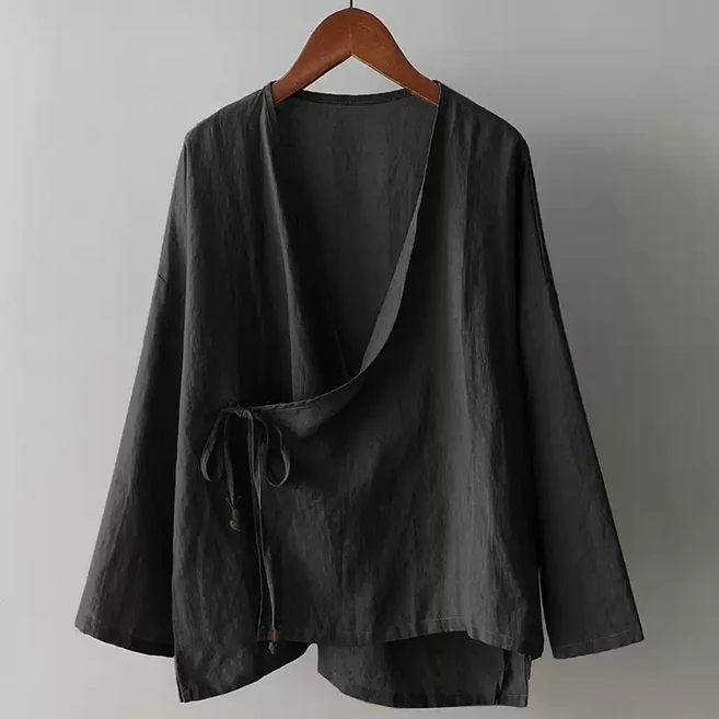 FINE ART 여성 빅사이즈 린넨 가디건 면마 긴팔 티셔츠 오버핏 여름 자켓 앤티크 브이넥 긴팔티