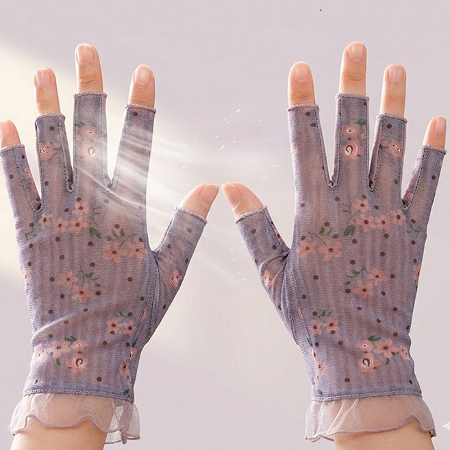 여성 여름 반장갑 손가락없는 봄 자외선차단 메쉬 쿨 장갑 운전 플라워 장갑 여자, 1개, 퍼플