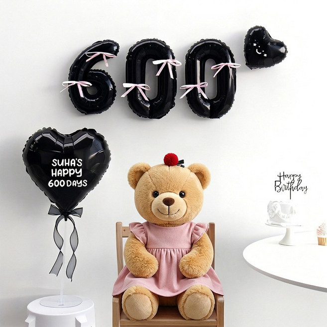 이벤트홀릭 블랙 숫자 리본 기념일 풍선세트(자유레터링), 600, 1개, 리본 핑크