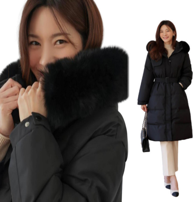 폭스 퍼 패딩 점퍼 여성롱패딩 겨울 벨트롱패딩 따뜻한 후드 루즈핏