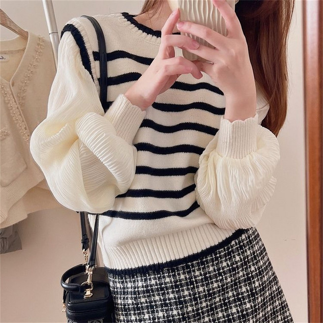 꽃소담 여성 패션 루즈핏 페이크 투피스 니트 레이어드 블라우스