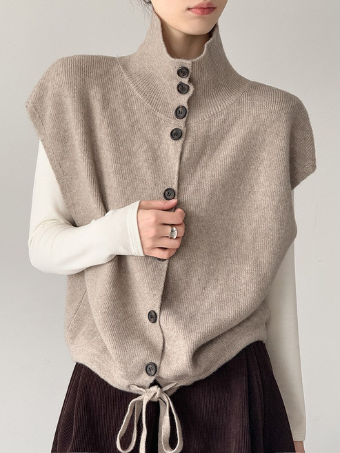 【慵懶加厚】毛衣馬甲 針織背心 開衫馬甲 無袖毛衣 女式馬甲 單排扣設計 半高領寬鬆 簡約純色 秋冬內搭疊穿