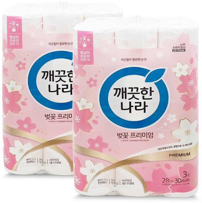 깨끗한나라 벚꽃 프리미엄 3겹 30롤 2팩 60롤 롤화장지, 28m, 30개입, 2세트
