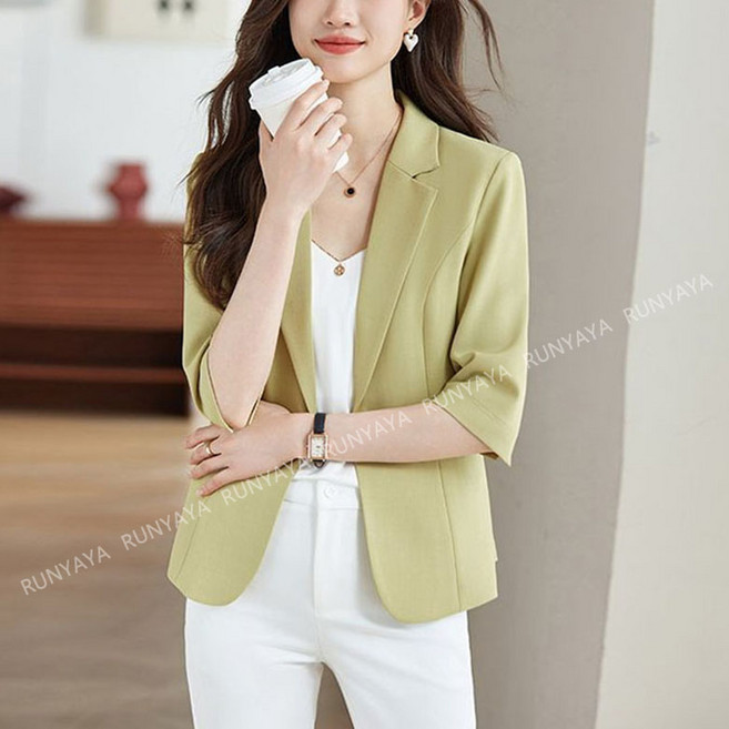 RUNYAYA 시원한 7부소매 정장자켓 패션 여름 여성 기질 얇은 쿨링 정장 코트 모임 통근 무지 키작녀 슬림핏 싱글단추 양복 재킷