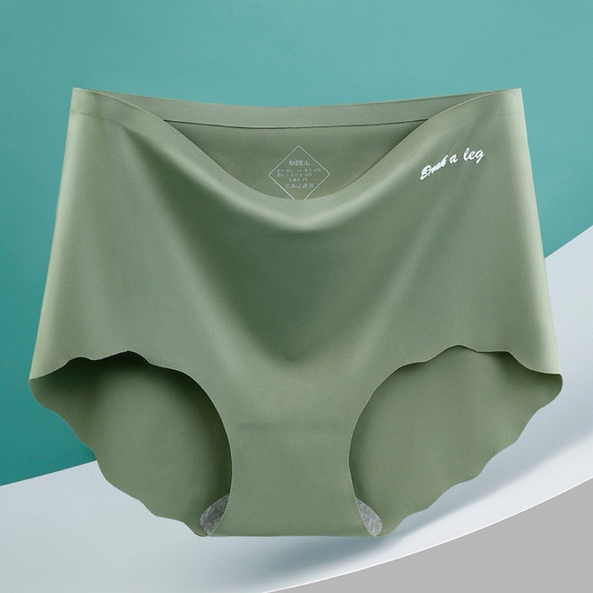 一片式中高腰冰絲無痕內褲 親膚尼龍彈性纖維 日常瑜伽運動適用 多色可選, 芥末綠