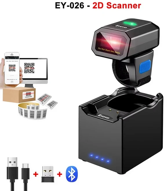 아이요 EY-026 미니 링 무선 2D 바코드 스캐너 블루투스 1D 레이저/CCD 장시간 스캔 UPC 1200mAh 충전 거치, 01 2D QR Scanner