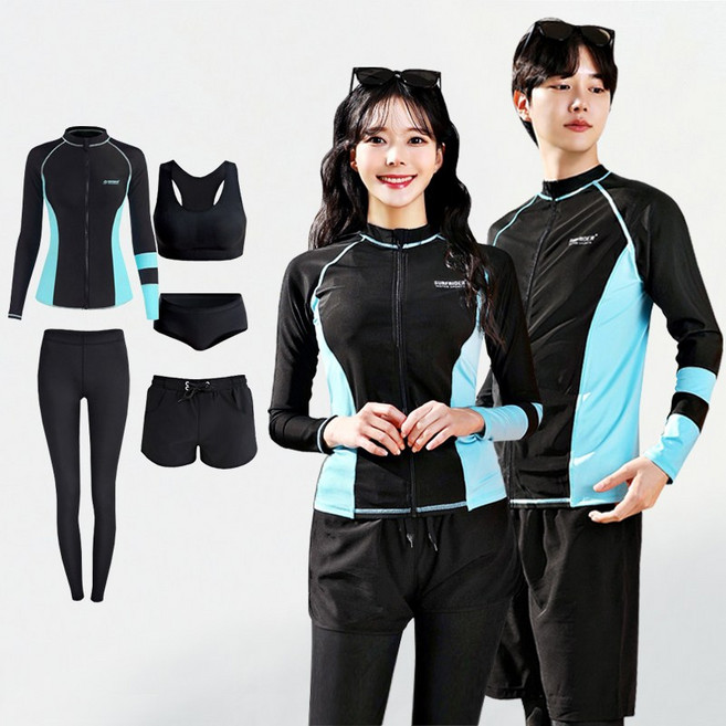 서프라이더 남녀 컬러배색 집업래쉬가드 상의+하의+이너+레깅스 풀세트 빅사이즈