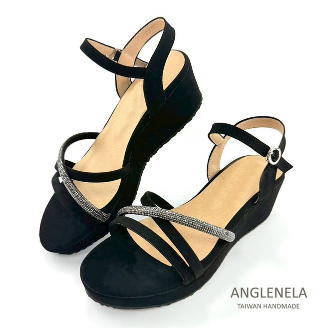 ANGLENELA 台灣手工楔形涼鞋, A136 黑, 24.5