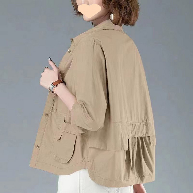 ORZQU 봄가을 중년여성 캐주얼 솔리드 루즈핏 키작녀 자켓 트렌치 코트