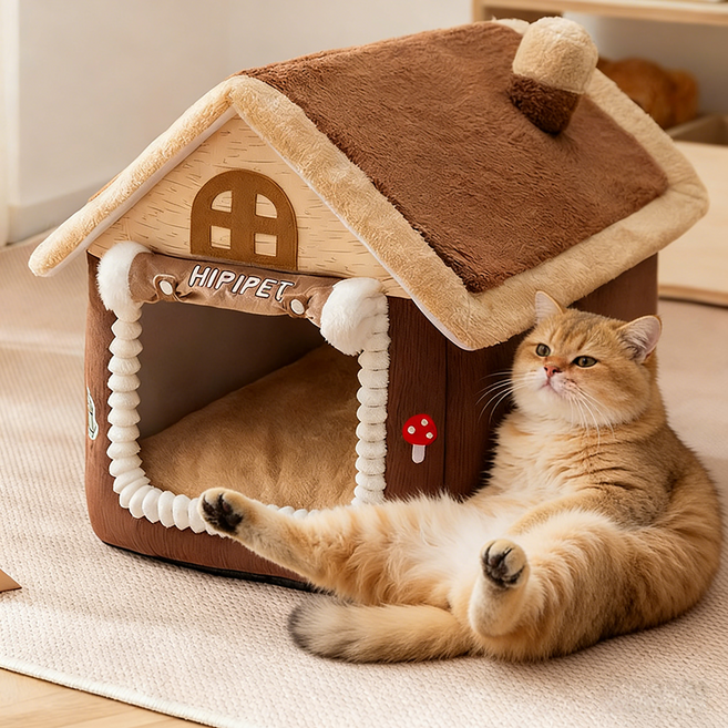 LOTUSNEX 방한 고양이 집 문커튼 강아지 하우스 겨울 웜방 실내용, 1개, 버섯문발굴03