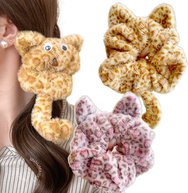 누누마켓 호피무늬 고양이 스크런치 머리끈 데일리 포인트 헤어템