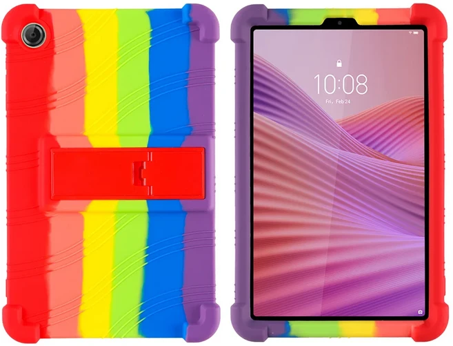 4Thicken Cornors Lenovo Tab One 케이스 용 킥 스탠드가있는 부드러운 실리콘 커버 K9 ZAF20010JP 8.7 인, 07 Rainbow color