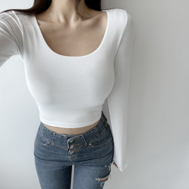 긴팔 U넥 요가복 운동복 슬림핏 면 스판 티셔츠 5컬러