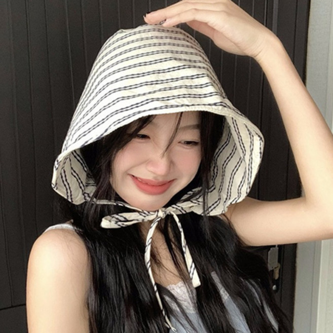 여성 여름 햇빛 차단 가벼운 스트랩 스트라이프 보넷 버킷햇 벙거지 모자 F710