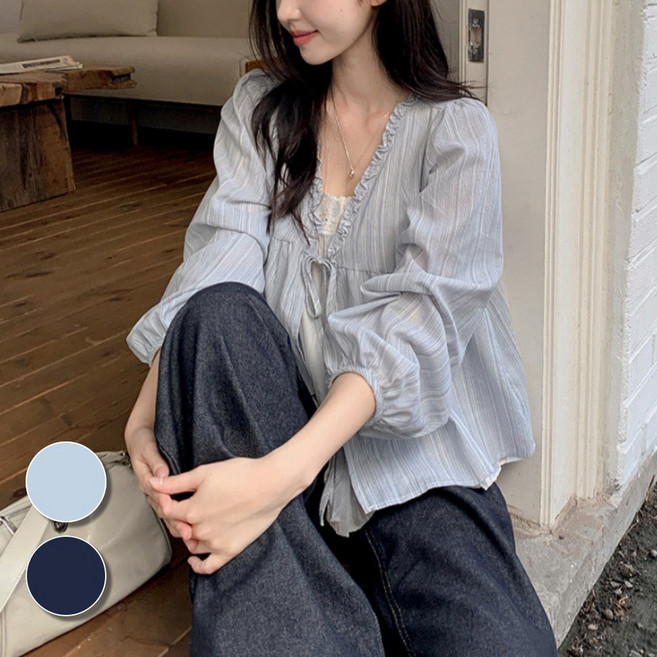 핏몬 레이스 일체형 프릴 스트라이프 벌룬 블라우스