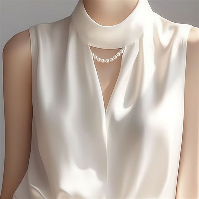 Vezri 여성 봄 여름 반폴라 펀칭 우아한 디자인 실크 민소매 블라우스