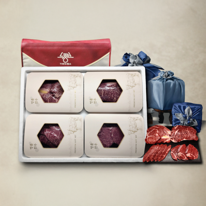 더누렁소 투뿔 1++ 한우 진품 선물세트 4종 (꽃등심+채끝살+부채살+안심) 추석 미식가 한정 특수부위 구이용 총 1kg, 1개