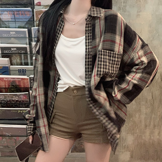 대박난박양 믹스체크 오버핏 간절기 셔츠