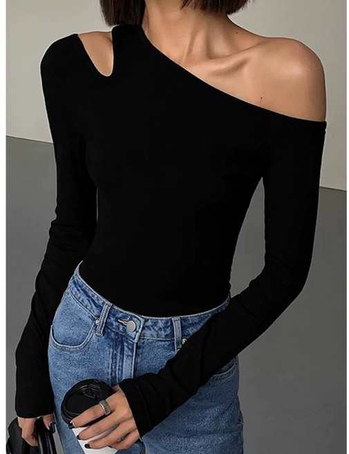 제이씨엠 JCM439 여성 간절기 어깨 트임 언발 슬림핏 긴팔 티셔츠 블랙 크롭니트