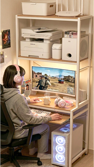 선반책상 3단책상 좁은 공간 책상 수납 컴퓨터 책상, 우드