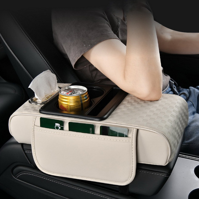 Jeernare 차량용 팔걸이쿠션 콘솔박스 티슈 흔드품 컵홀더 수납 일체형 다용도 방수, 1개, 아이보리