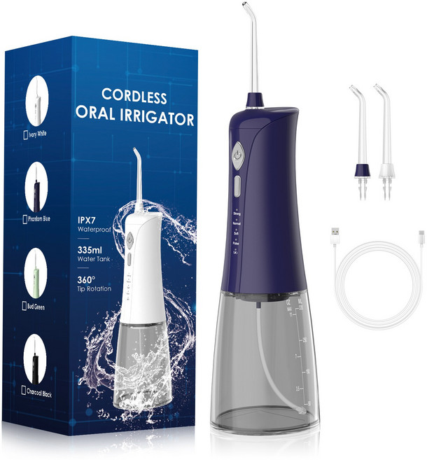 PYHO 치아교정 휴대용 무선 구강세정기 물치실 335ml 대용량 완전방수, 파란색, CYQ241